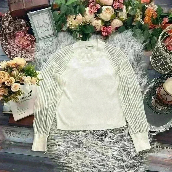 Club Monaco Women's Sheer Striped Lantern Sleeve Ribbed White Sweater, S - Picture 2 of 12